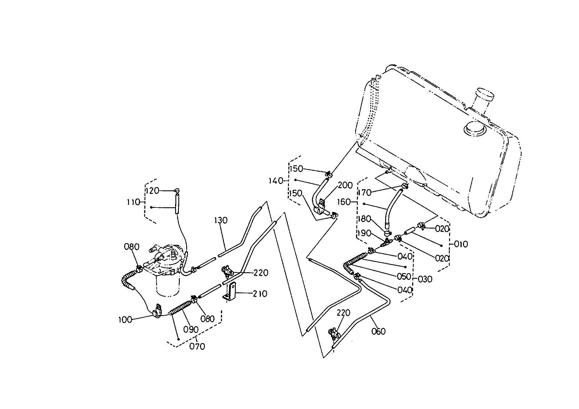 diagram of fuel line hookups at bottom of fuel tank on a L3350